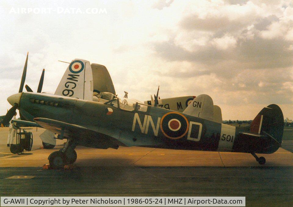 G-AWII, 1942 Supermarine 349 Spitfire LF.Vc C/N WASP/20/223, Spitfire Vc of the Shuttleworth Collection on display at the 1986 RAF Mildenhall Air Fete.