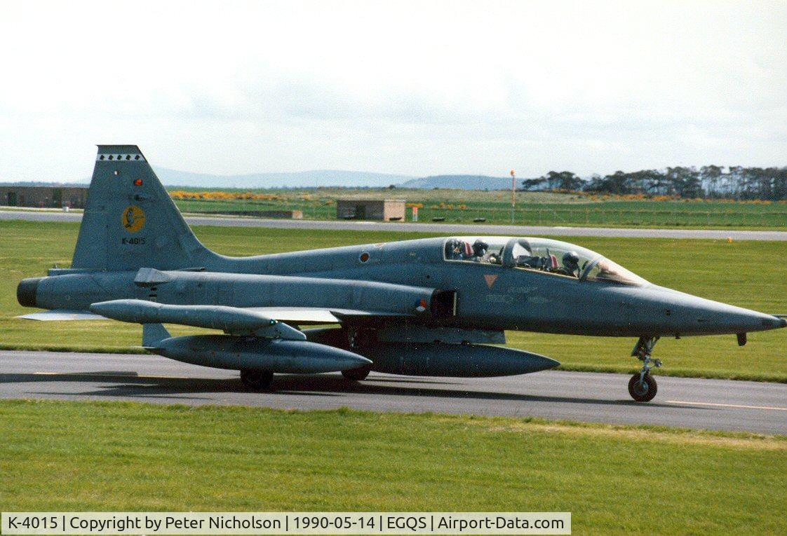 K-4015, 1971 Canadair NF-5B Freedom Fighter C/N 4015, NF-5B of 316 Squadron Royal Netherlands Air Force taxying to the active runway at RAF Lossiemouth in May 1990.
