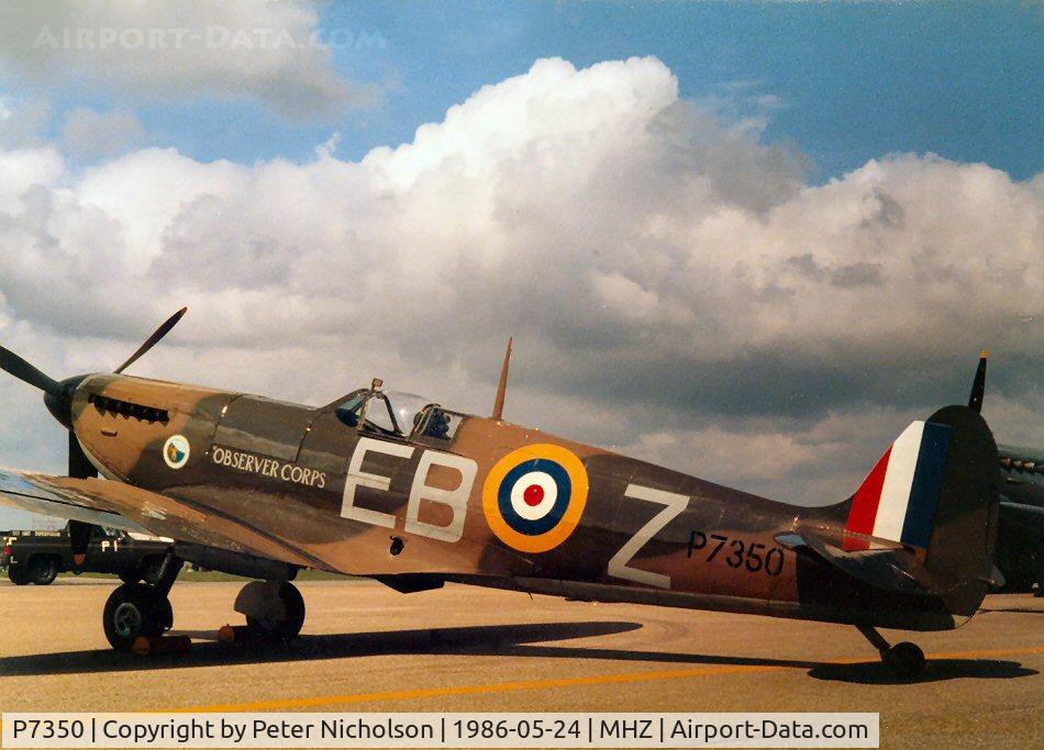 P7350, 1940 Supermarine 329 Spitfire IIa C/N CBAF.14, Spitfire IIa of the Battle of Britain Memorial Flight on display at the 1986 RAF Mildenhall Air Fete.