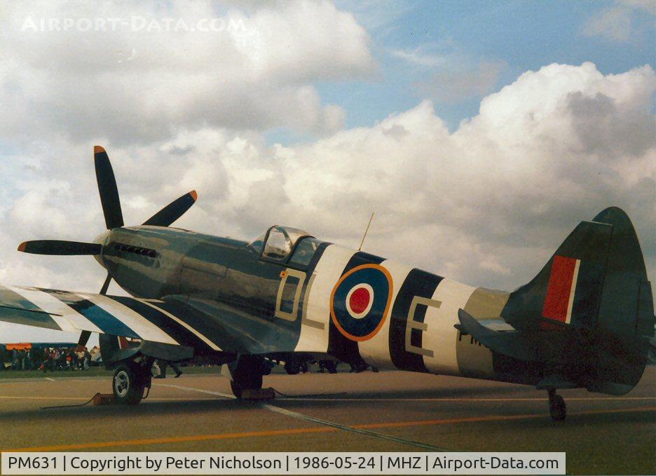 PM631, 1945 Supermarine 389 Spitfire PR.XIX C/N 6S/683528, Spitfire PR.XIX of the Battle of Britain Memorial Flight on display at the 1986 RAF Mildenhall Air Fete.