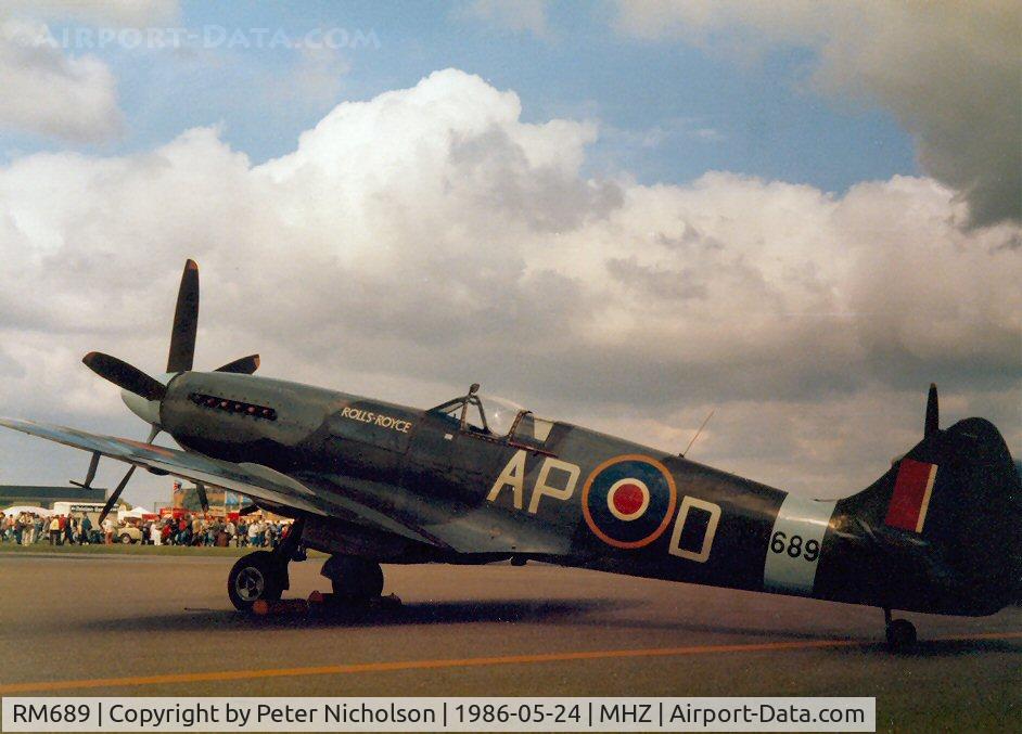 RM689, 1944 Supermarine 379 Spitfire F.XIVc C/N 6S/432263, Spitfire XIVc of Rolls-Royce Limited reg'd as G-ALGT on display at the 1986 RAF Mildenhall Air Fete It is currently undergoing restoration after crashing in June 1992