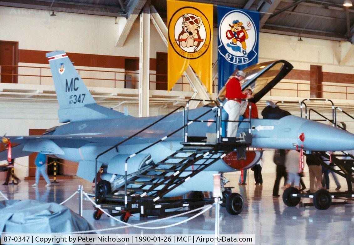 87-0347, 1987 General Dynamics F-16C Fighting Falcon C/N 5C-608, F-16C Falcon of 63rd Tactical Fighter Training Squadron/56th Tactical Training Wing at MacDill AFB in January 1990.
