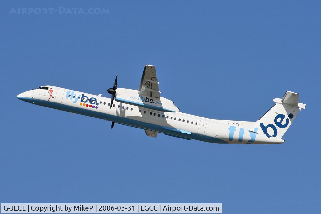G-JECL, 2005 De Havilland Canada DHC-8-402Q Dash 8 C/N 4114, 'The George Best' climbing away at Manchester.