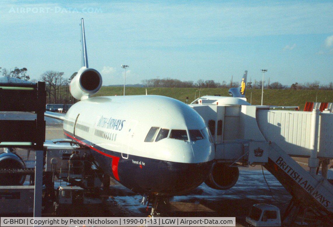 G-BHDI, 1980 McDonnell Douglas DC-10-30 C/N 47831, DC-10-30 of British Airways named Forest of Ae at the terminal gate at London Gatwick in January 1990.