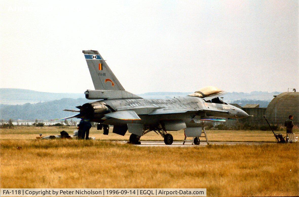 FA-118, SABCA F-16AM Fighting Falcon C/N 6H-118, F-16A Falcon, callsign Bull 11 Alpha, of 2 Wing Belgian Air Force on display at the 1996 RAF Leuchars Airshow.