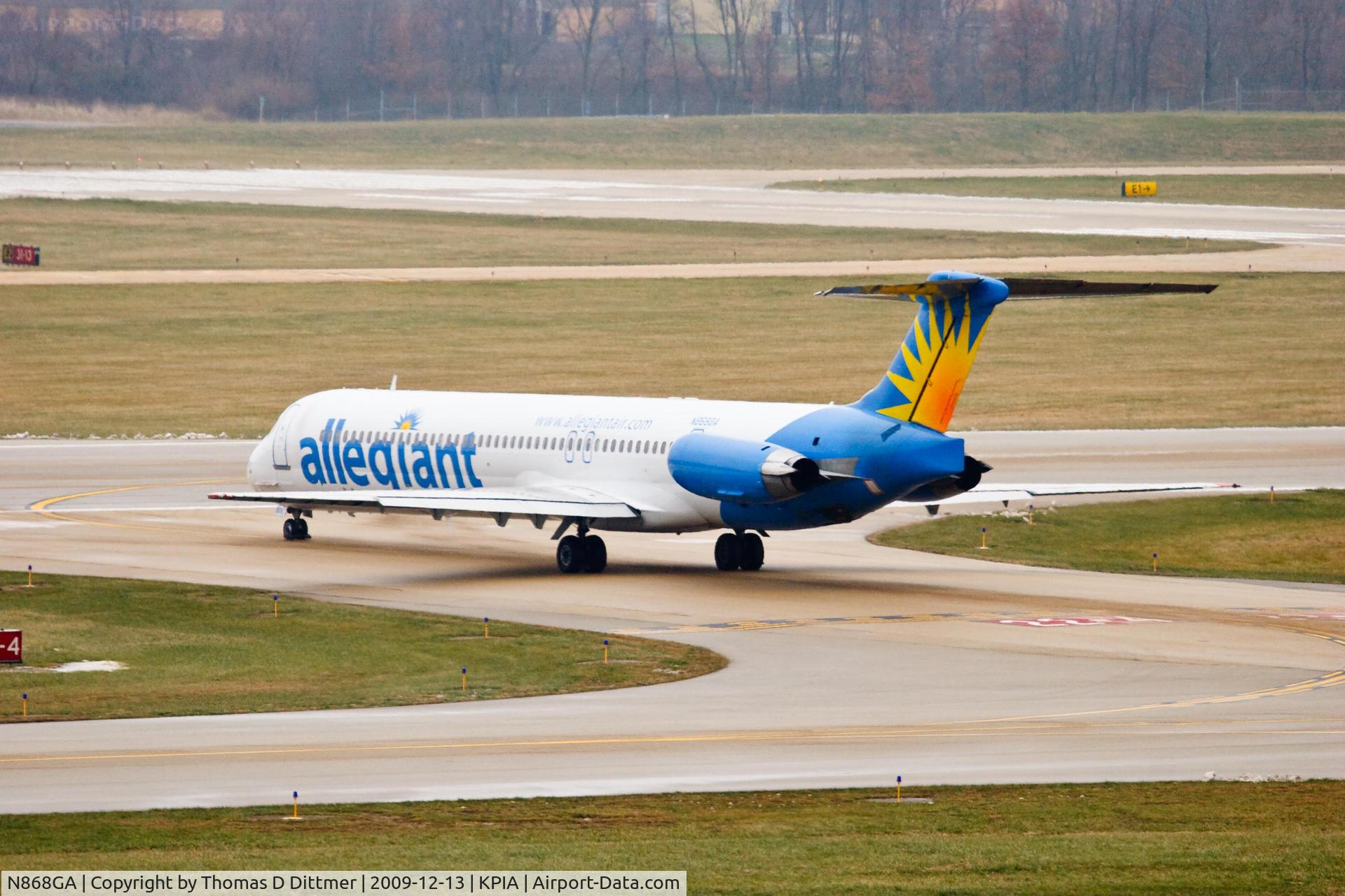 N868GA, 1987 McDonnell Douglas MD-83 (DC-9-83) C/N 49554, Allegiant Airways (N868GA) crosses runway 22 at Peoria Illinois