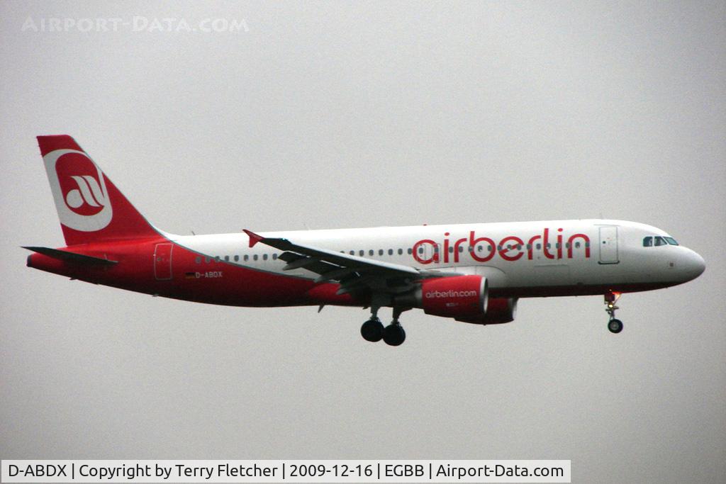 D-ABDX, 2009 Airbus A320-214 C/N 3995, Air Berlin A320 arriving at BHX in low viz