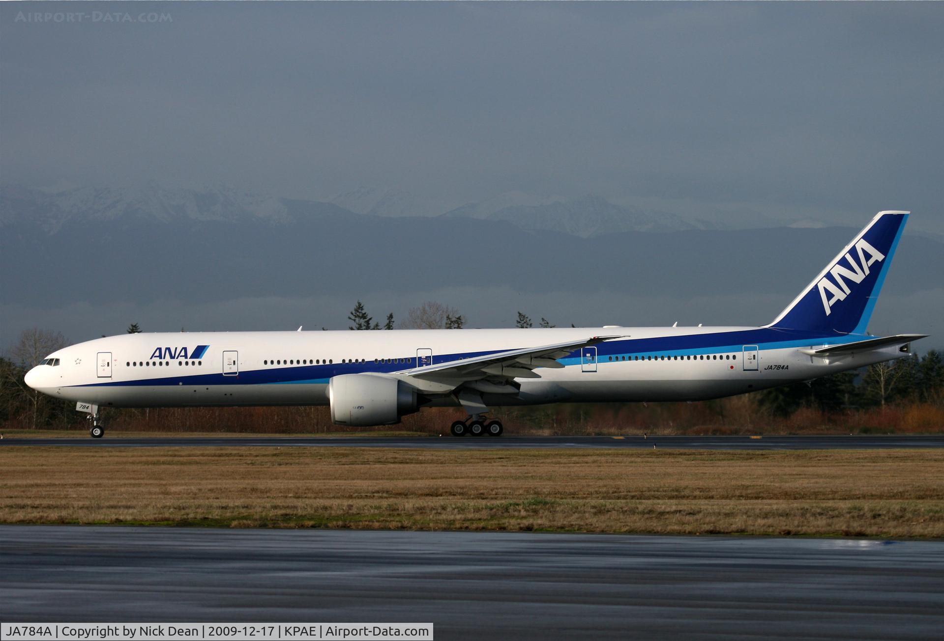 JA784A, 2009 Boeing 777-381/ER C/N 37950, KPAE (106th anniversary of flight should have flown the 787 today!!!) Boeing 100 after completing a high speed on 16R taxied full length then turned for a high speed on 34L exited 11/29 and taxied Alpha to the south gate.