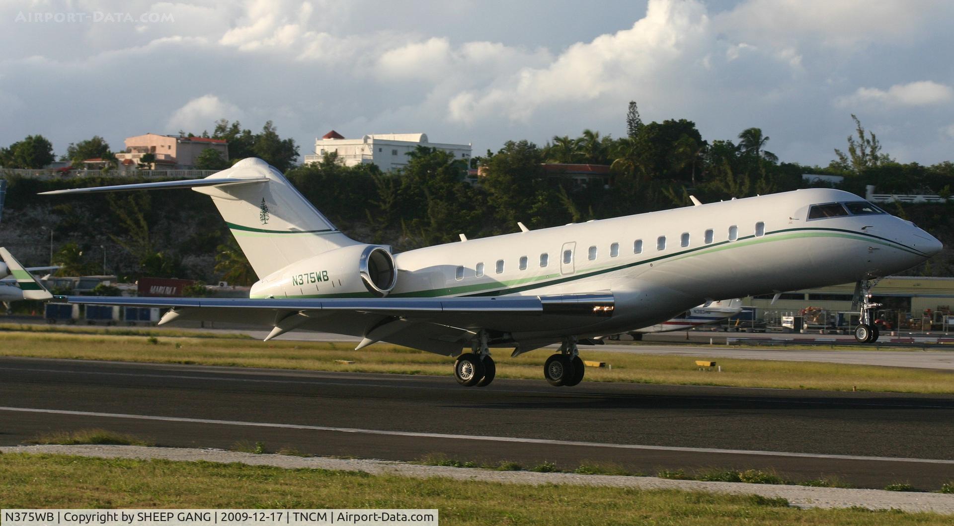 N375WB, 2008 Bombardier BD-700-1A11 Global 5000 C/N 9288, N375WB on a late afternoon landing at TNCM