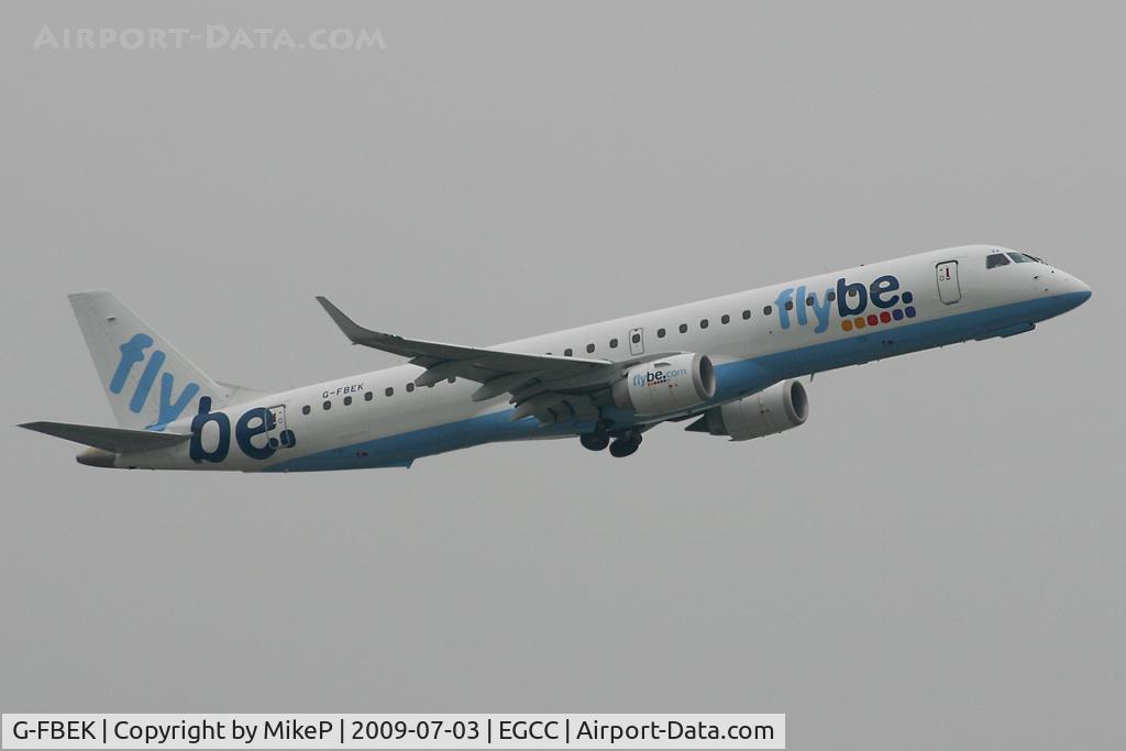 G-FBEK, 2008 Embraer 195LR (ERJ-190-200LR) C/N 19000168, Climbing away from Runway 05L on a grey Manchester morning.