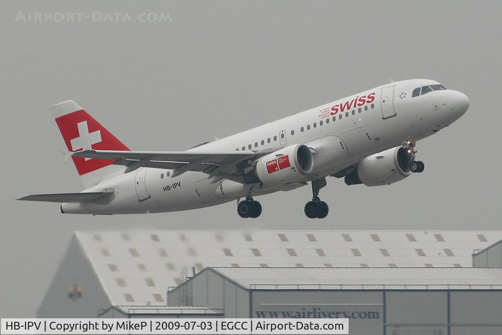 HB-IPV, 1996 Airbus A319-112 C/N 578, Climbing away from Runway 05L on a grey Manchester morning.