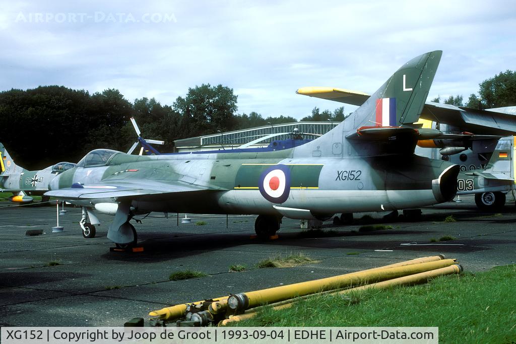 XG152, 1956 Hawker Hunter F.6 C/N S4/U/3385, After closure of the RAFG stations their Hunter gateguard was transported to the Luftwaffemuseum at Uetersen. Since than the Hunter has been repainted in 4 Sq markings and went to Gatow.