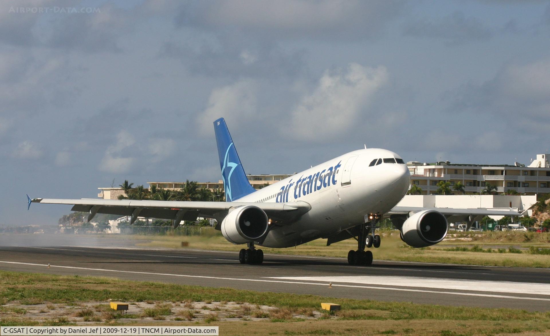 C-GSAT, 1991 Airbus A310-308 C/N 600, Air transat A310 touching down on runway 10 at TNCM