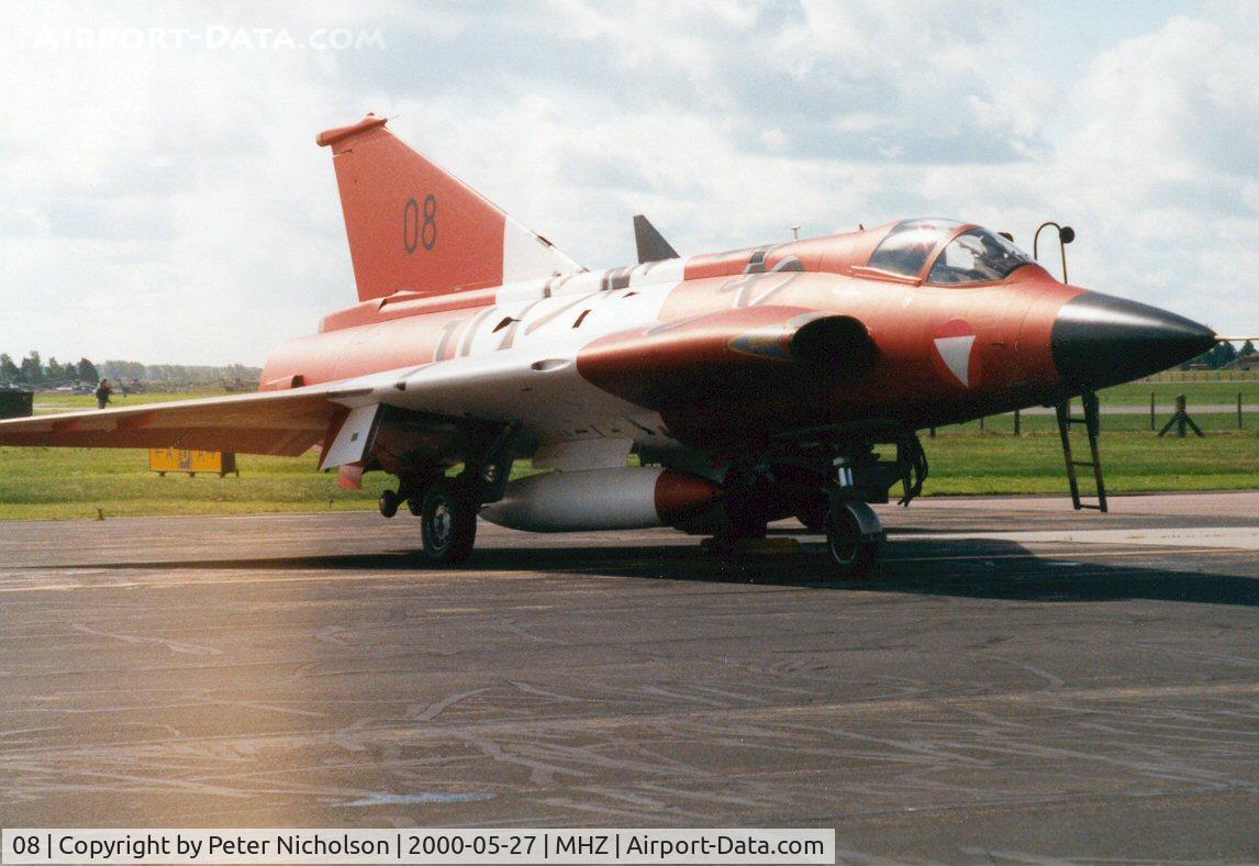 08, Saab J-35Oe MkII Draken C/N 35-1408, J-35OE Draken of 1 Staffel Austrian Air Force on display at the Mildenhall Air Fete of 2000.