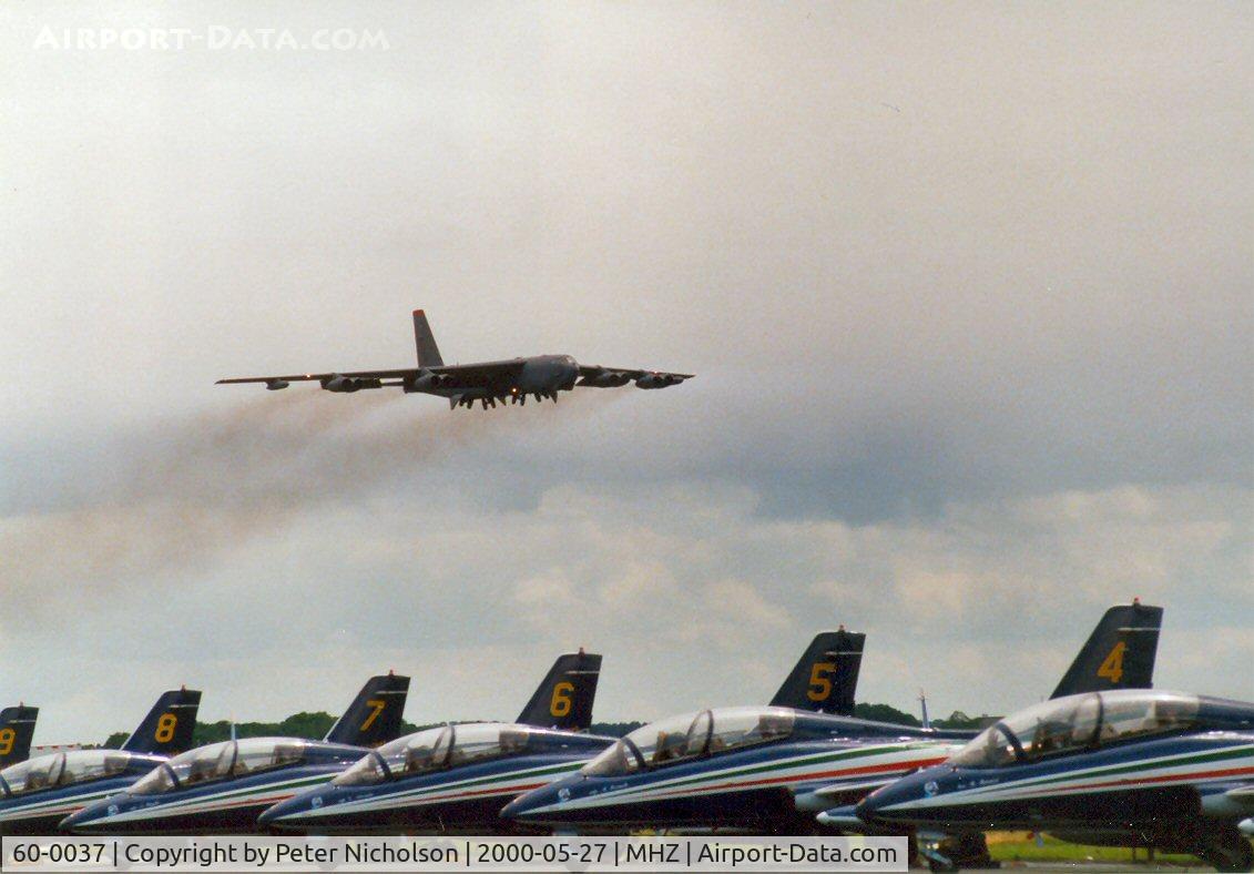60-0037, 1960 Boeing B-52H Stratofortress C/N 464402, B-52H Stratofortress of 96th Bomb Squadron/2nd Bomb Wing overflying the Frecce Tricolori display team at the Mildenhall Air Fete of 2000.