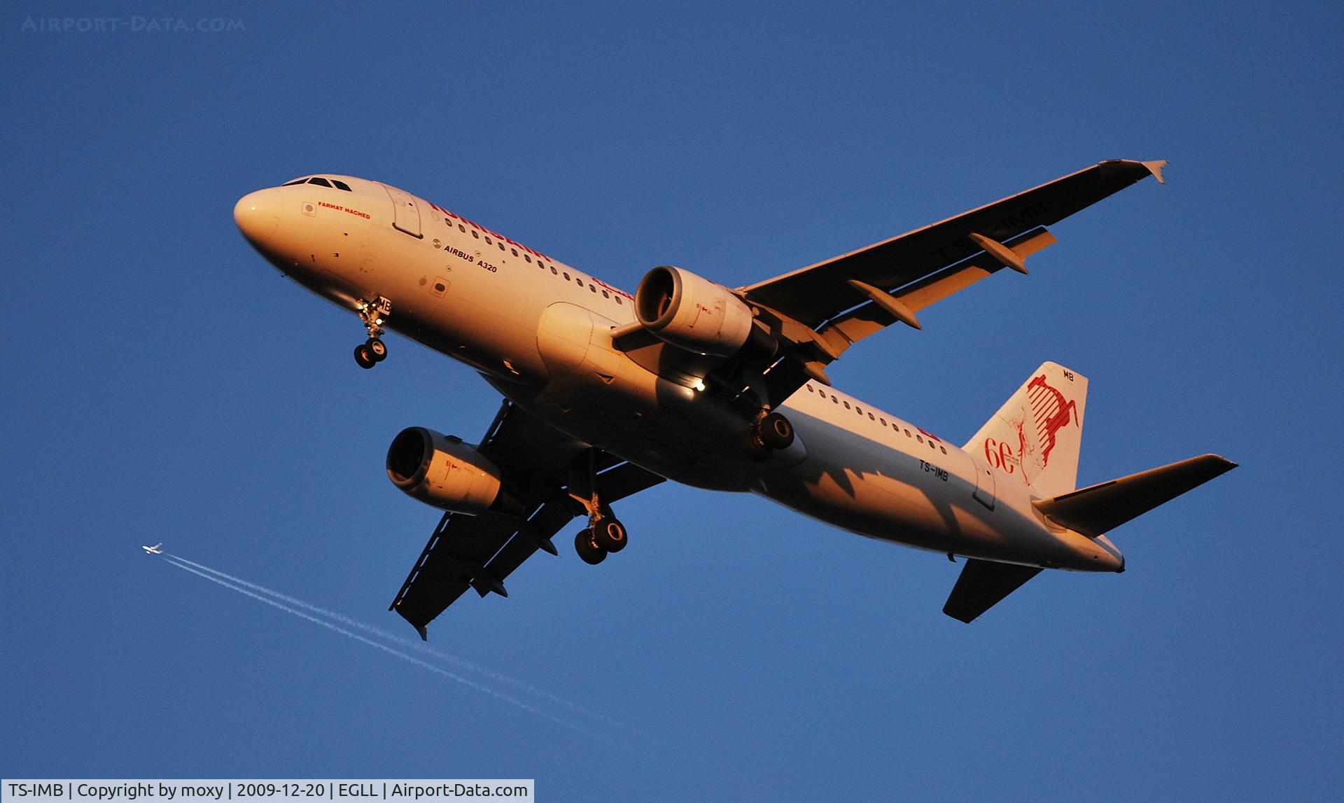TS-IMB, 1990 Airbus A320-211 C/N 0119, On finals late afternoon London Heathrow