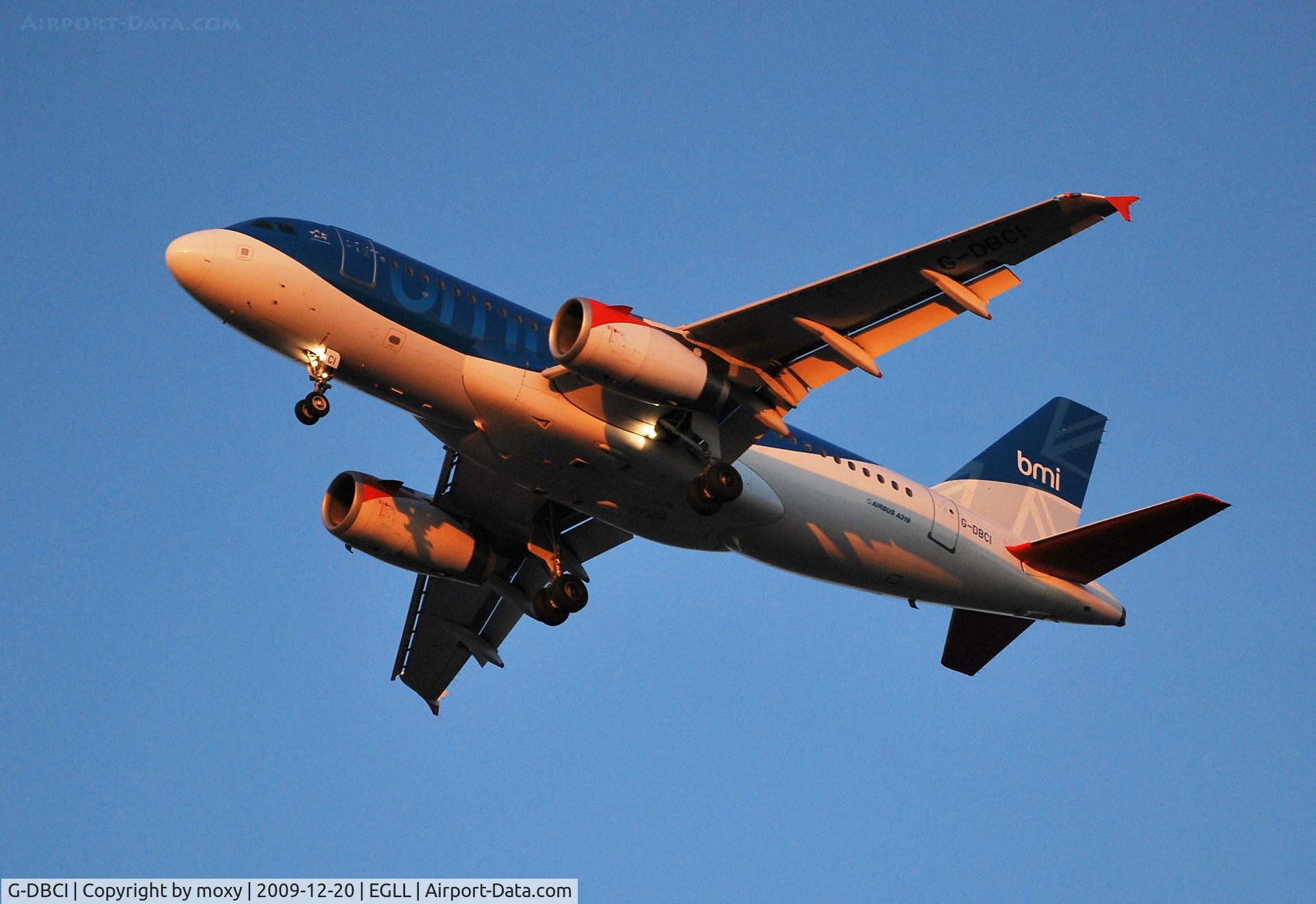 G-DBCI, 2006 Airbus A319-131 C/N 2720, Finals with lights on nearly dusk at Heathrow