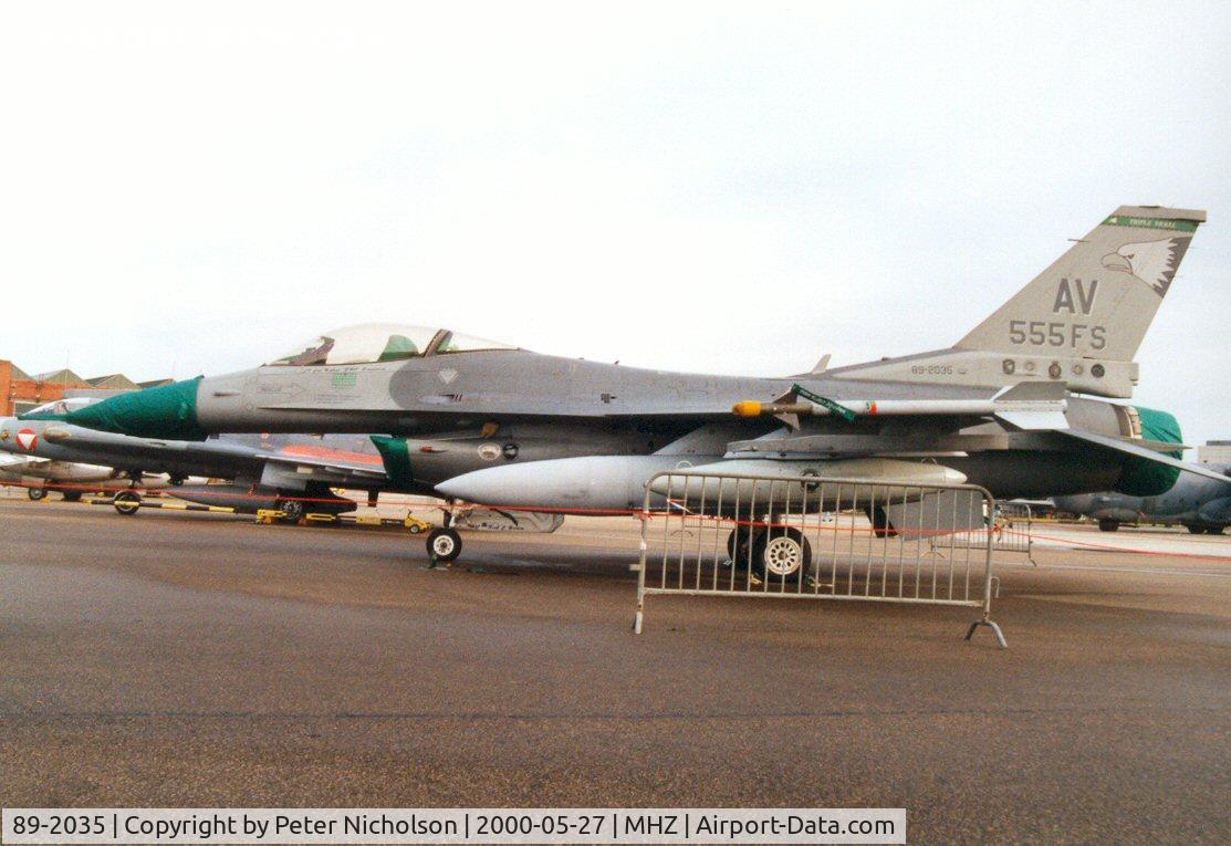 89-2035, 1989 General Dynamics F-16CG C/N 1C-188, F-16C Falcon of 555th Fighter Squadron/31st Fighter Wing at Aviano in special markings for the Squadron Commander on display at the Mildenhall Air Fete of 2000.