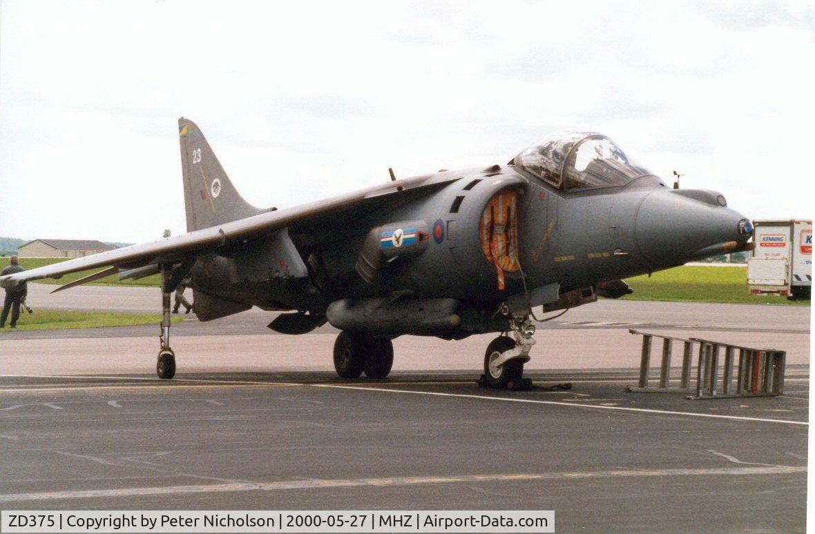 ZD375, 1988 British Aerospace Harrier GR.7 C/N P23, Harrier GR.7 of 20[R] Squadron at RAF Wittering on display at the Mildenhall Air Fete of 2000.