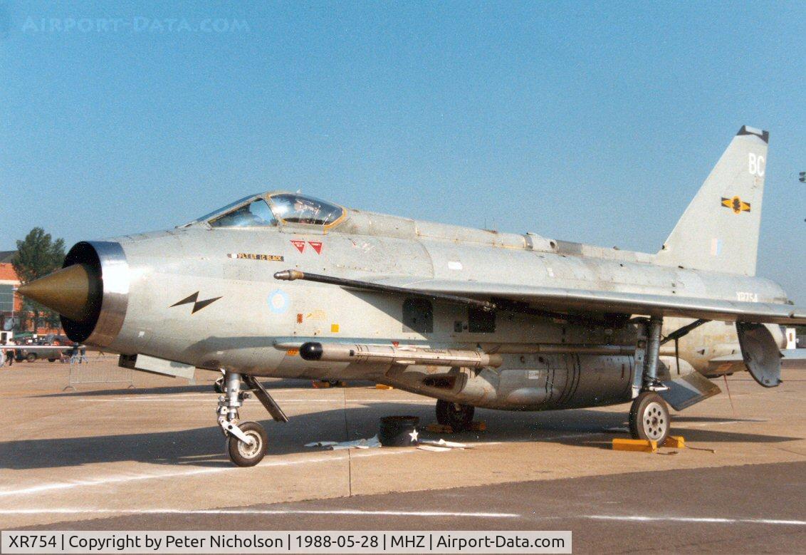XR754, 1965 English Electric Lightning F.6 C/N 95219, Lightning F.6 of 11 Squadron in the static park at the 1988 Mildenhall Air Fete.