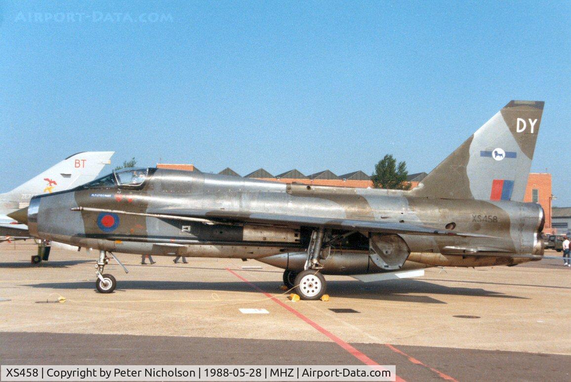 XS458, 1965 English Electric Lightning T.5 C/N 95018, Lightning T.5 of the Lightning Training Flight at RAF Binbrook on display at the 1988 Mildenhall Air Fete.