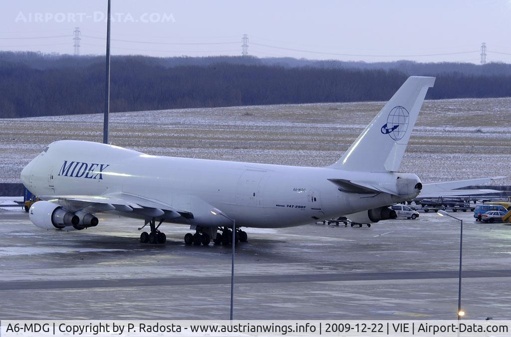 A6-MDG, 1991 Boeing 747-228F C/N 25266, One of the last 747-200 built - note that there are no windows on the left side of the upper deck!