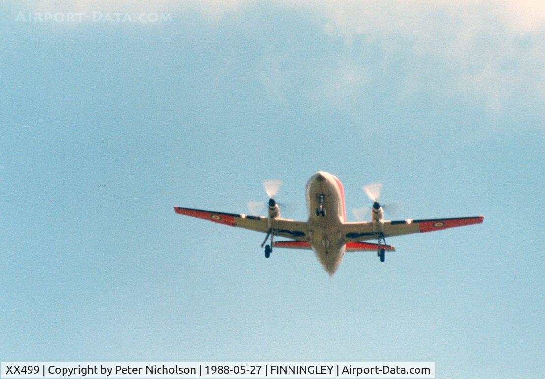 XX499, 1976 Scottish Aviation HP-137 Jetstream T.1 C/N 425, Jetstream T.1 of 6 Flying Training School crossing the threshold at RAF Finningley in May 1988.