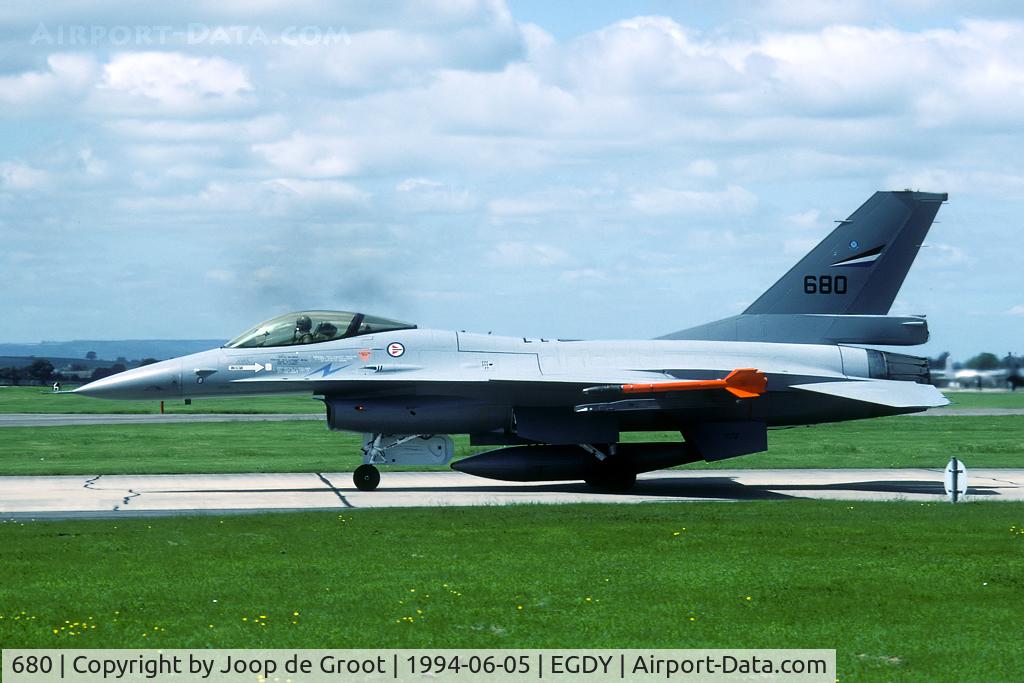 680, 1980 General Dynamics F-16AM Fighting Falcon C/N 6K-52, Norwegian participation of the 50 years D-Day celebrations. The smoke in the background is from a couple departing MiG-29s.