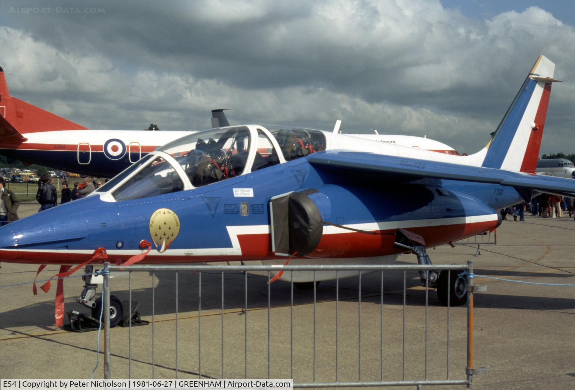 E54, Dassault-Dornier Alpha Jet E C/N E54, Alpha Jet of the Patrouille de France aerobatic display team on display at the 1981 Intnl Air Tattoo at RAF Greenham Common.