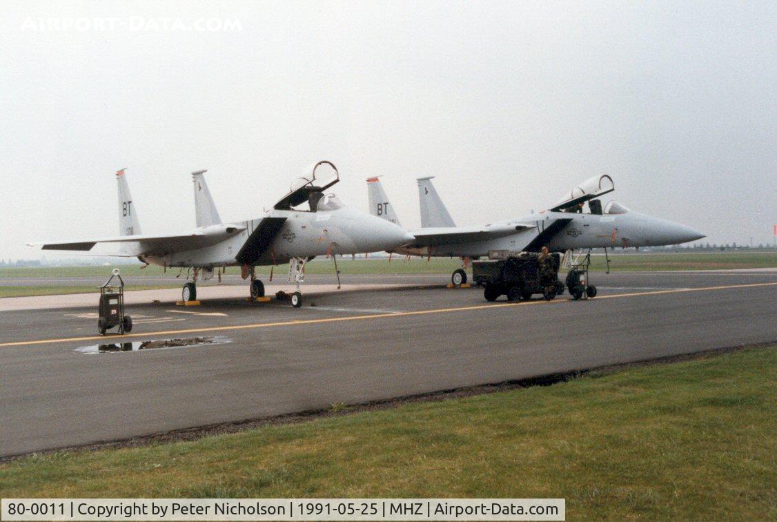 80-0011, 1980 McDonnell Douglas F-15C Eagle C/N 0647/C160, F-15C Eagle of 22nd Tactical Fighter Squadron/36th Tactical Fighter Wing at Bitburg on display at the 1991 Mildenhall Air Fete.