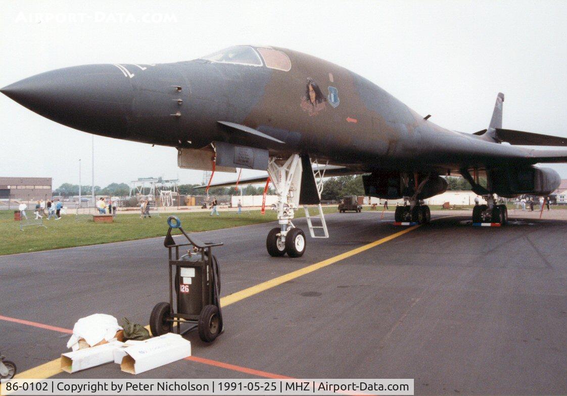 86-0102, 1986 Rockwell B-1B Lancer C/N 62, B-1B Lancer named Lady Hawk of 28th Bomb Wing on display at the 1991 Mildenhall Air Fete.