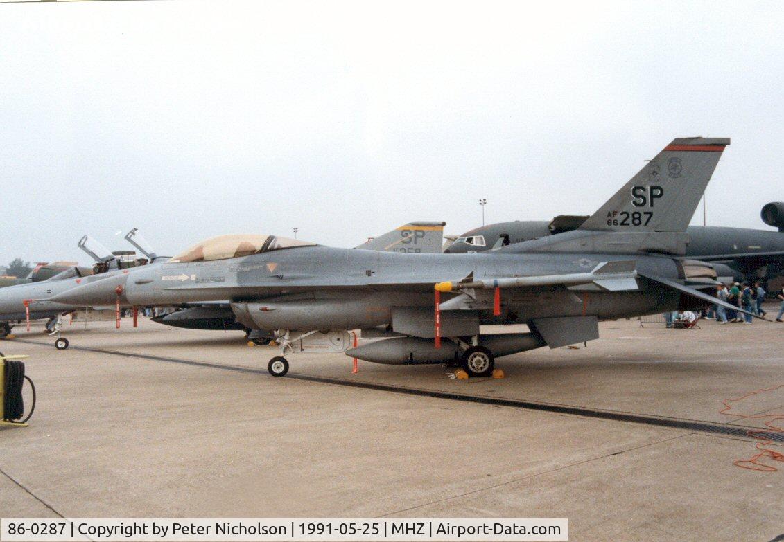 86-0287, 1986 General Dynamics F-16C Fighting Falcon C/N 5C-393, F-16C Falcon of 480th Tactical Fighter Squadron/52nd Tactical Fighter Wing on display at the 1991 Mildenhall Air Fete.