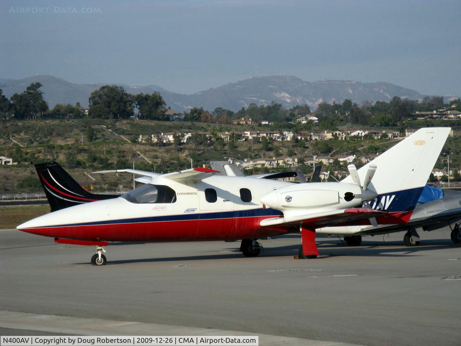 N400AV, 1984 Avtek Corporation 400 C/N POC-001, 1984 AVTEK 400 proof-of-concept composite twin turboprop pusher canard, eight place business aircraft, 1-2 pilots, one-off, two P&W(C)PT6A-3 680 shp each, Experimental class did not complete FAA certification, max speed 427 mph, designer-Al Mooney