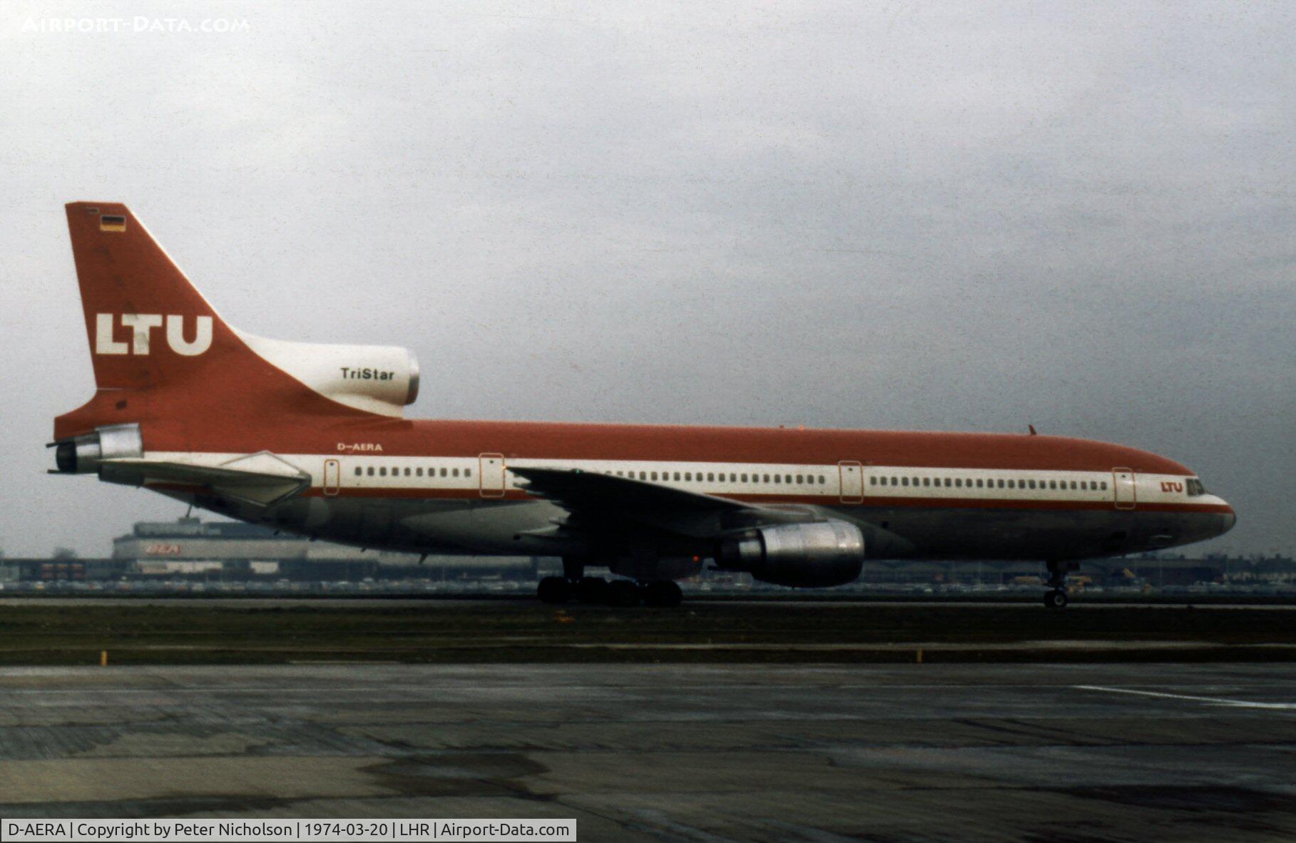 D-AERA, 1973 Lockheed L-1011-385-1 TriStar 1 C/N 193R-1033, TriStar 1 of LTU International Airways taxying to the active runway at London Heathrow in the Spring of 1974.