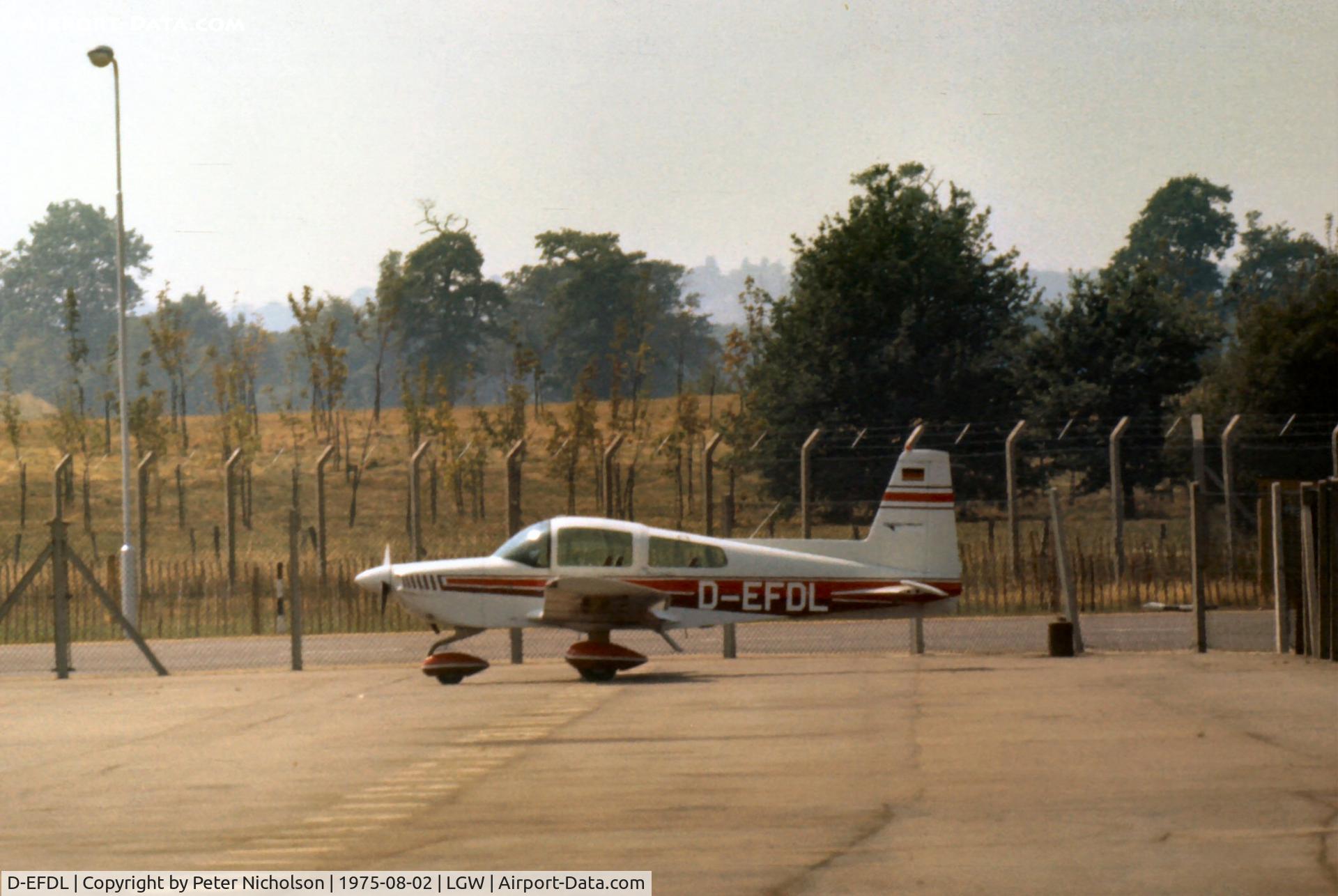 D-EFDL, 1975 Grumman American AA-5 Traveler C/N AA5-0645, AA-5 Traveller seen parked at the General Aviation Terminal at London Gatwick in the Summer of 1975.