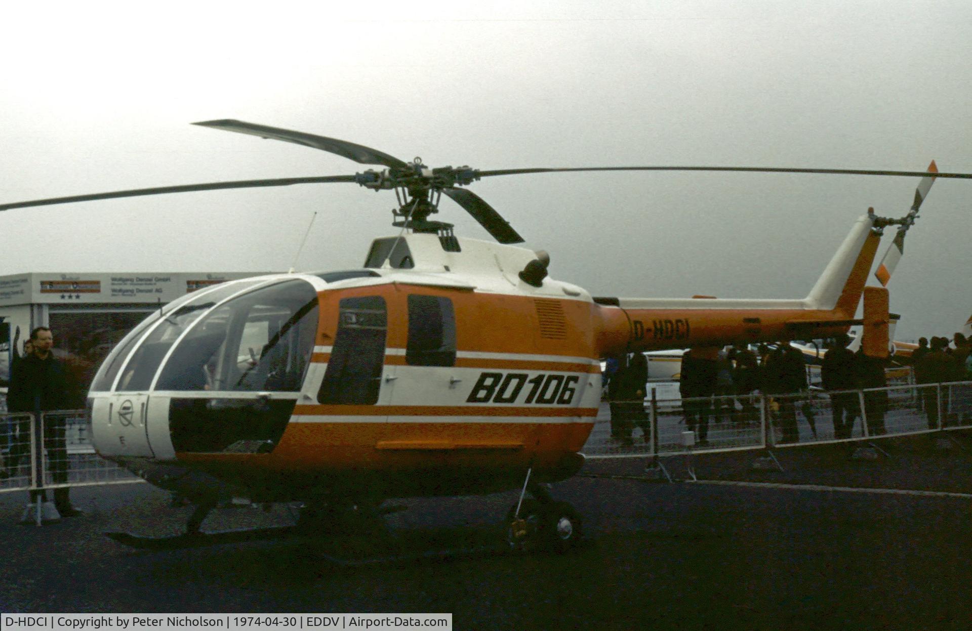 D-HDCI, 1973 MBB Bo-106 C/N S-84, Prototype MBB Bo.106 developed from the Bo.105 with widened cabin and two additional seats on display at the 1974 Hannover Airshow.