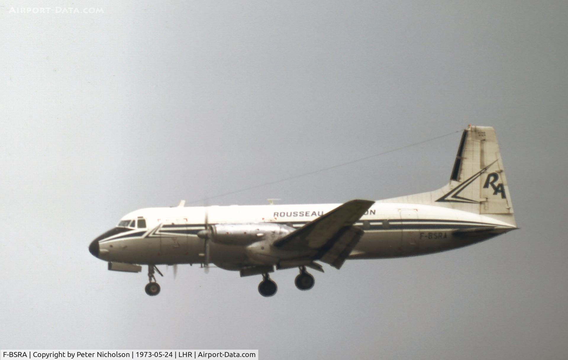 F-BSRA, 1970 Hawker Siddeley HS.748 Series 2A C/N 1678, HS.748 of Rouseau Aviation on final approach to London Heathrow in May 1973.