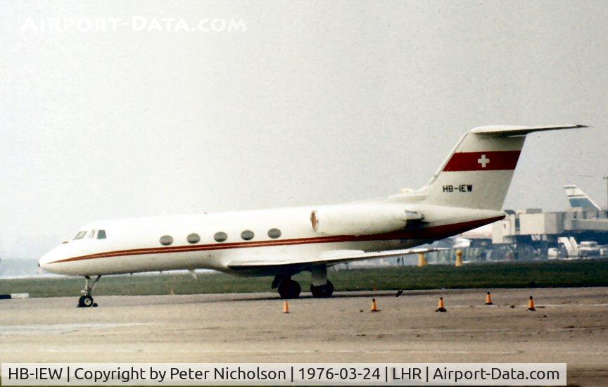 HB-IEW, 1973 Gulfstream American G-1159 Gulfstream II C/N 124, Gulfstream II parked at London Heathrow in the Spring of 1976 - a regular visitor there in the Seventies.