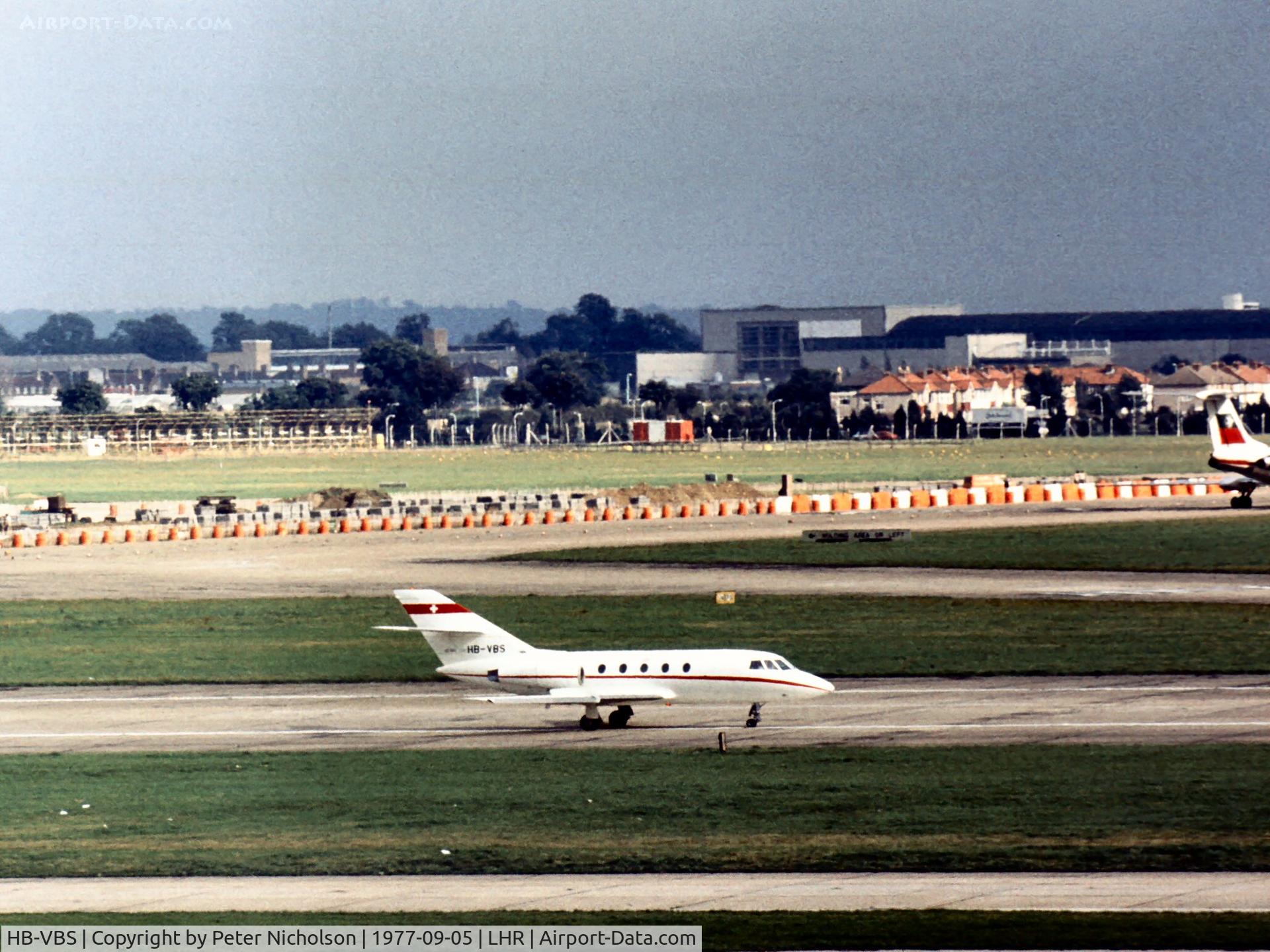 HB-VBS, 1966 Dassault Falcon 20 C/N 55, Falcon 20 taxying to the executive terminal at London Heathrow in September 1977 - this aircraft was earlier known as a Mystere 20C.