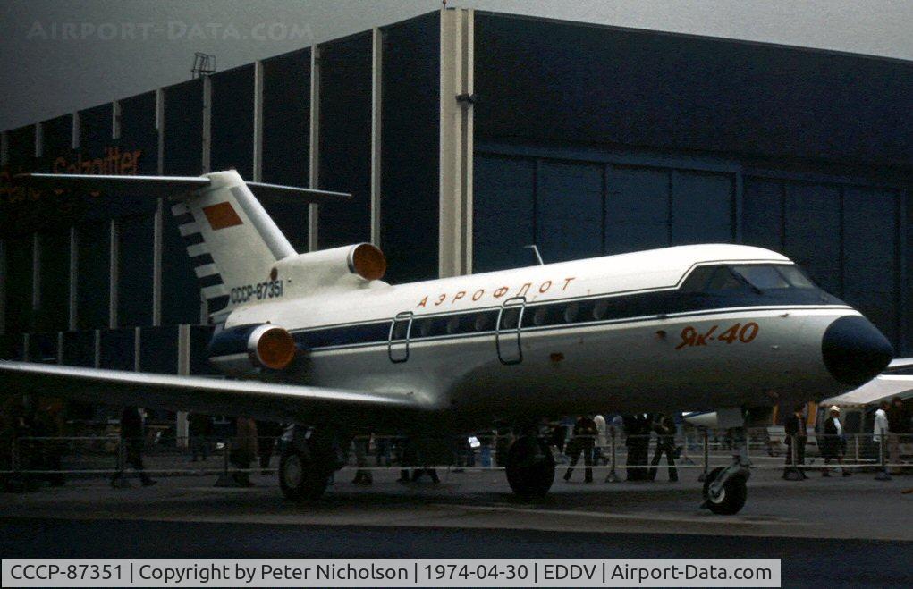 CCCP-87351, Yakovlev Yak-40 C/N 9412030, Yak-40 Codling of Aeroflot on display at the 1974 Hannover Airshow.