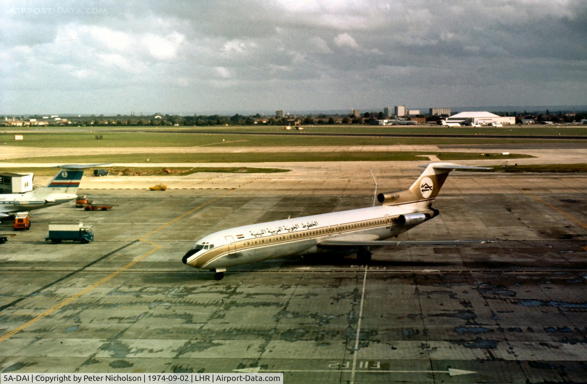 5A-DAI, 1968 Boeing 727-224 C/N 20245, Boeing 727-224 of Libyan Arab Airlines at Heathrow in September 1974.