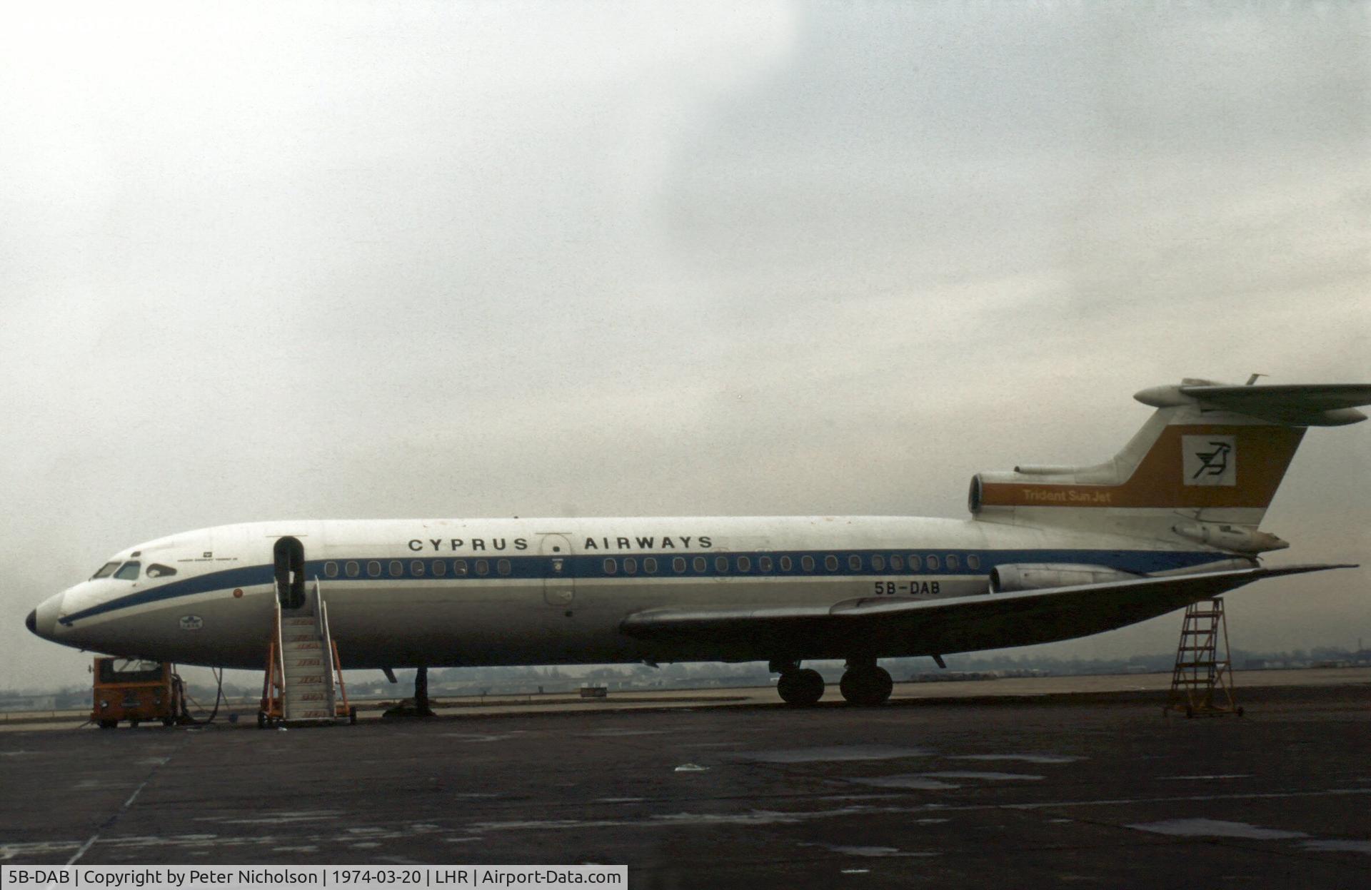 5B-DAB, 1970 Hawker Siddeley HS-121 Trident 2E C/N 2155, Now wrecked at Nicosia, this Trident 2E of Cyprus Airways was a visitor to Heathrow in the Spring of 1974.