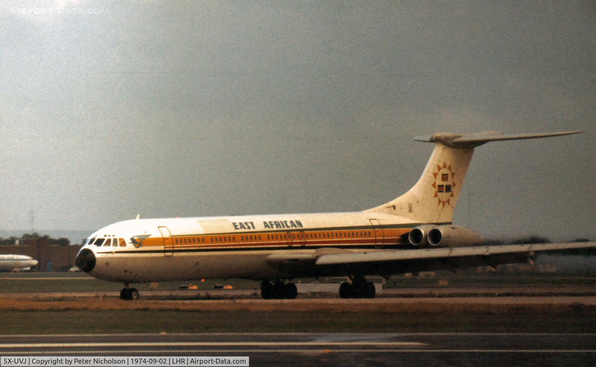 5X-UVJ, 1969 Vickers Super VC10 Srs 1154 C/N 884, Now serving as an aerial refuelling tanker, this Super VC10 of East African Airways was a visitor to Heathrow in September 1974.