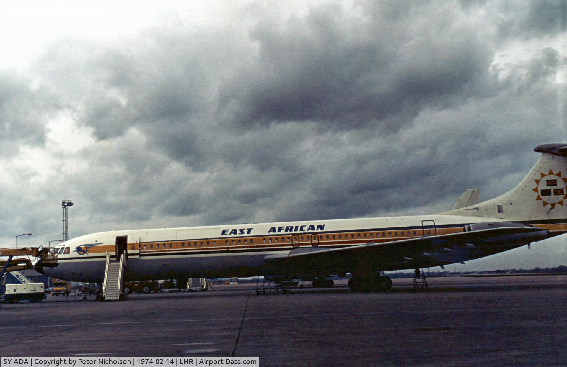 5Y-ADA, 1967 Vickers Super VC10 Srs 1154 C/N 883, Now serving as a tanker with the RAF, in February 1974 it served with East African Airways as seen at Heathrow.