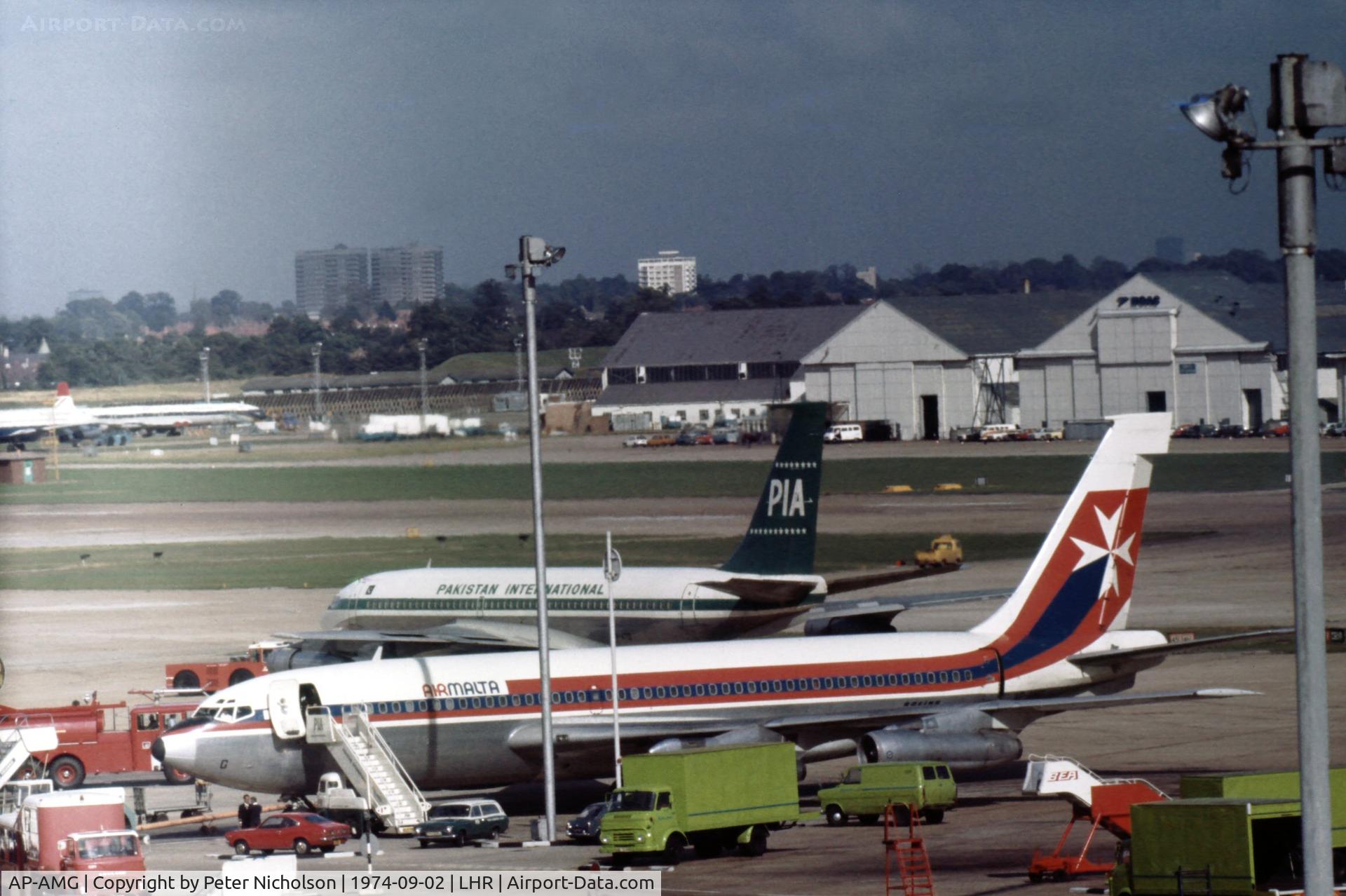 AP-AMG, 1961 Boeing 720-047B C/N 18378, Leased by Air Malta from Pakistan International Airways, this Boeing 720 was seen at Heathrow in September 1974.