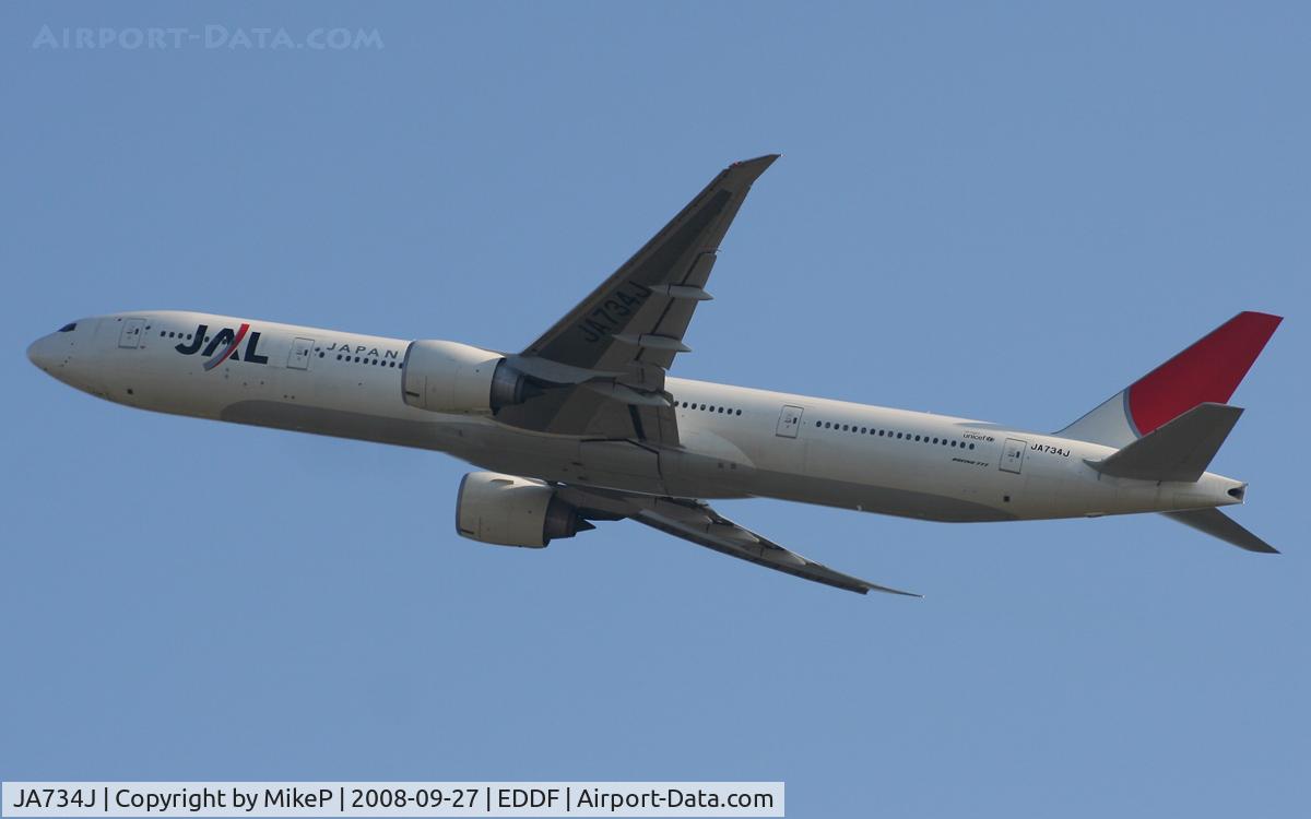 JA734J, 2005 Boeing 777-346/ER C/N 32433, Climbing away from FRA.