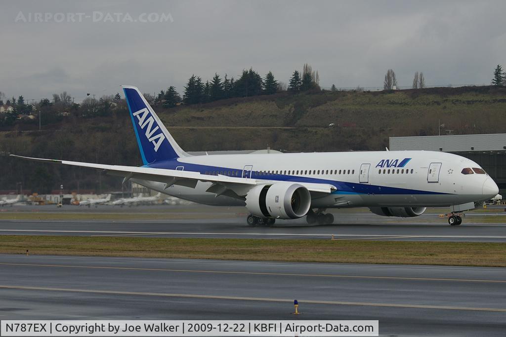 N787EX, 2009 Boeing 787-8 Dreamliner C/N 40691, Second 787, first in the colors of ANA/All Nippon Airways, seen shortly after landing at Seattle's Boeing Field.