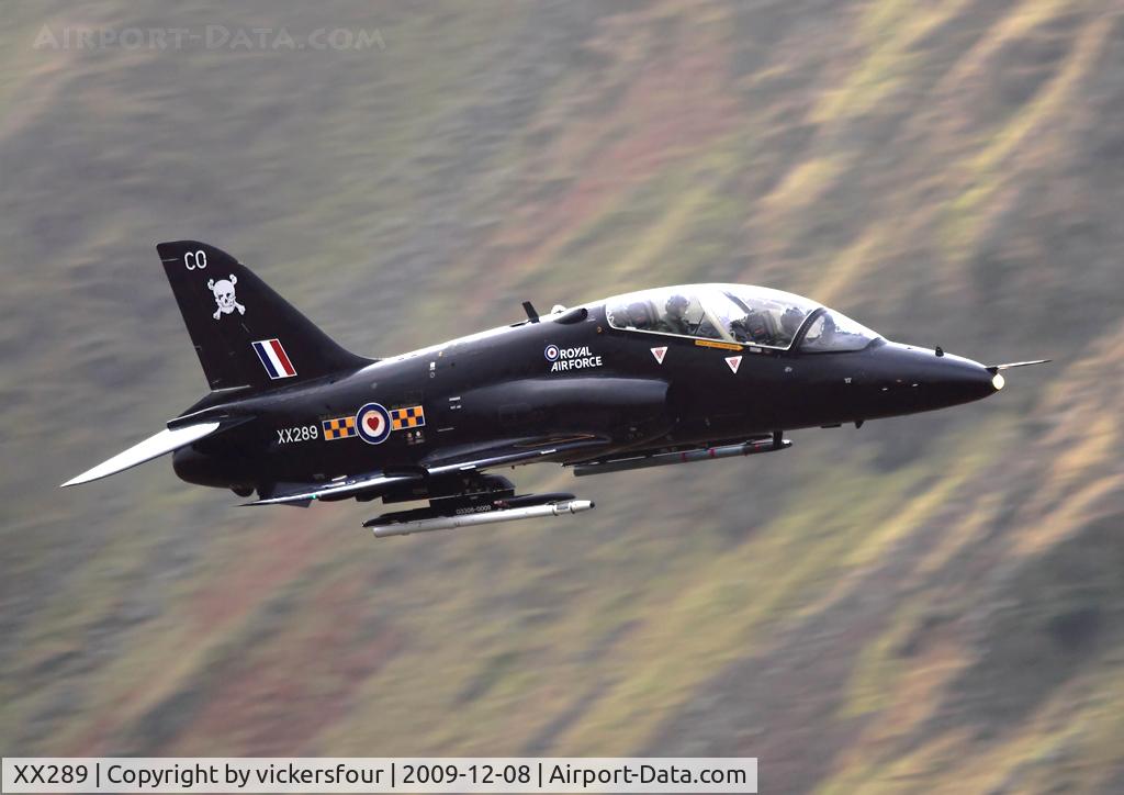 XX289, 1979 Hawker Siddeley Hawk T.1A C/N 115/312114, Royal Air Force. The 100 Squadron Commanding Officers aircraft appropriately coded 'CO'. Taken at low level in Cumbria.