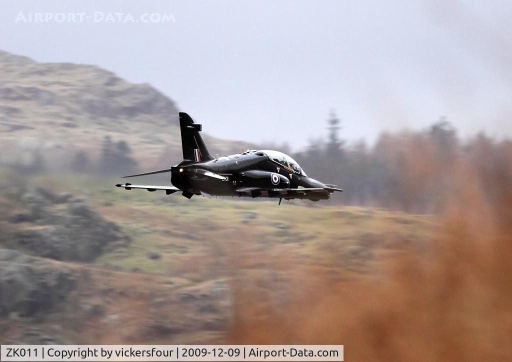 ZK011, 2006 British Aerospace Hawk T2 C/N RT002/1240, BAE Hawk T2 at low level along Thirlmere in Cumbria. It almost managed to escape my lens! It was on a test flight from BAE at Warton after refurbishment.