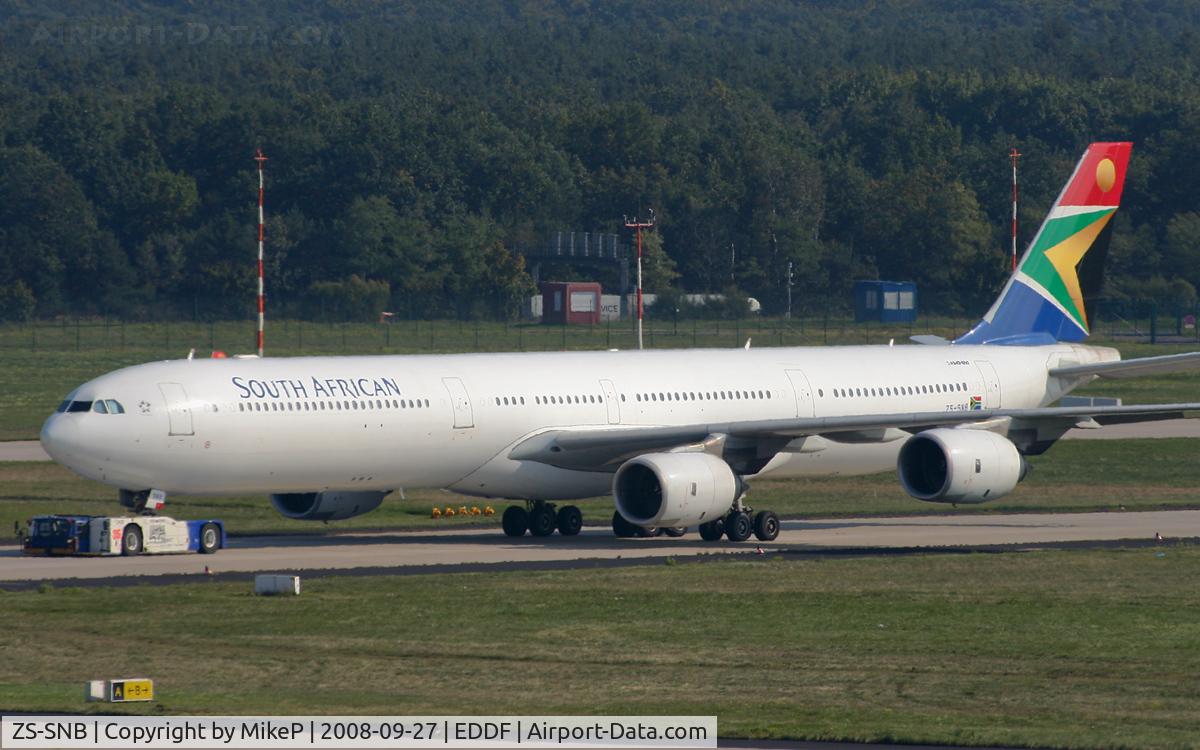 ZS-SNB, 2002 Airbus A340-642 C/N 417, Moving from day parking to the Terminal area.